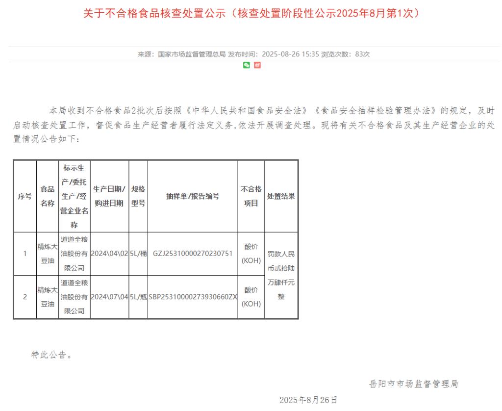 2批次食用油被曝不合格:可能产生有害物质 "道道全"称不知情(图1)